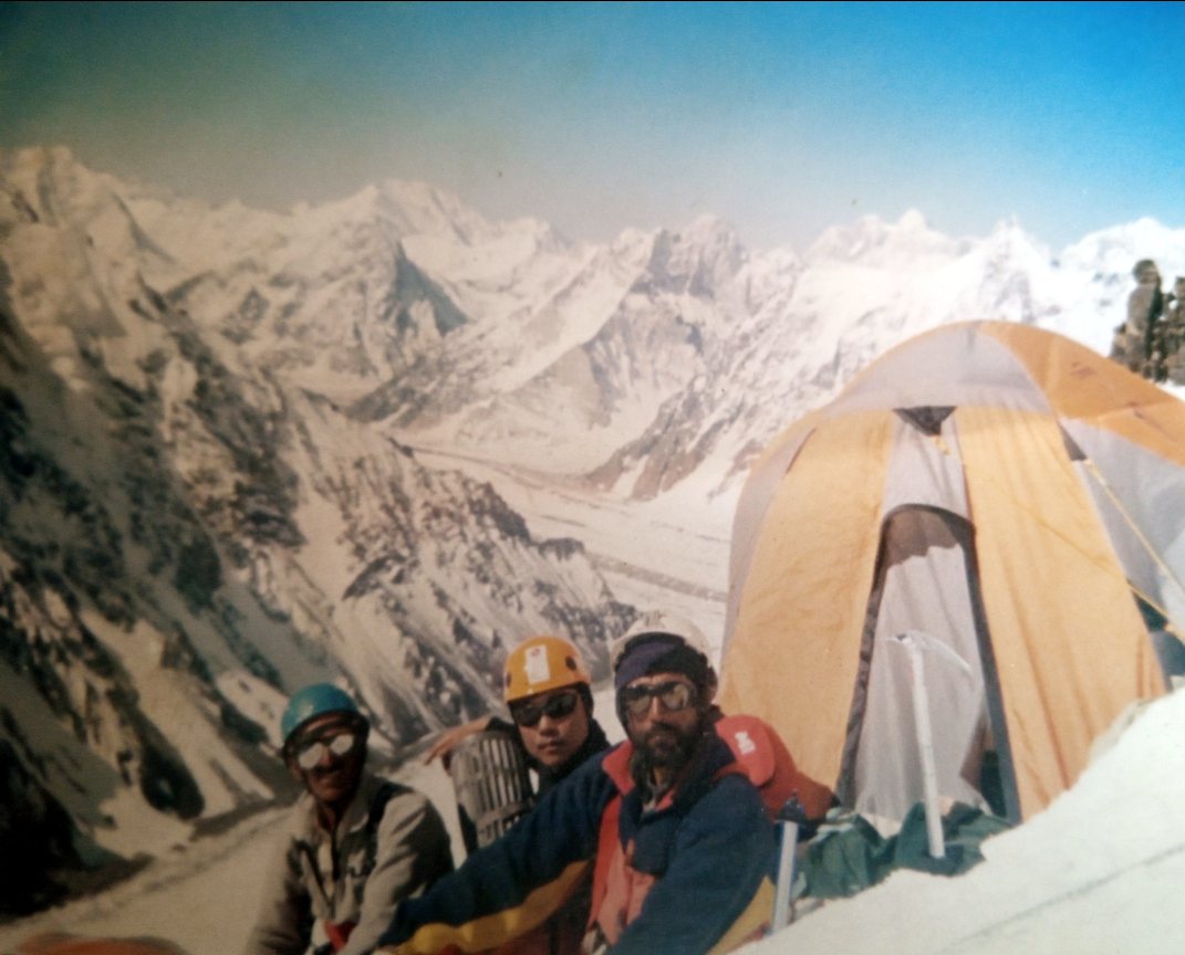 Rozi Ali and expedition members at a high camp in the Karakoram