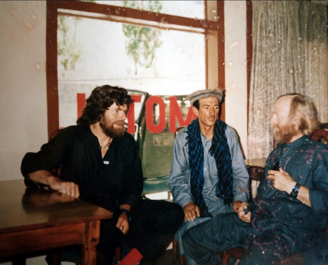 Rozi Ali with Reinhold Messner and a fellow climber in the 1980s